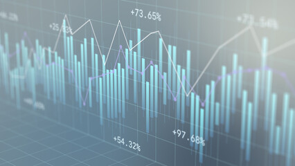 Naklejka premium Global virtual financial graph hologram on blurry modern, stock market analysis investment concept, wealth strategy forecast