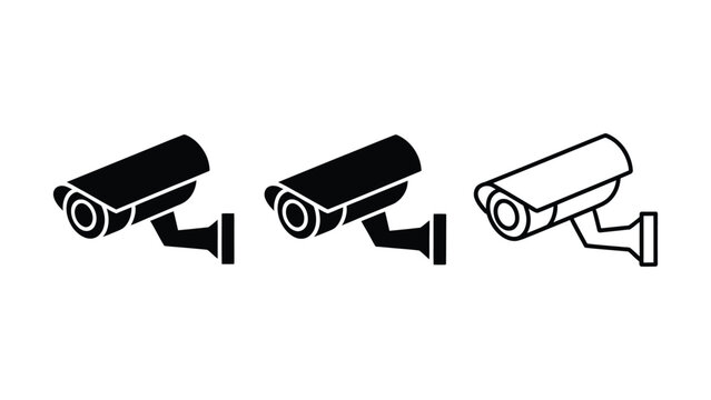 Three surveillance camera icons are displayed showing different styles including solid black and outline versions mounted on a wall with a bracket