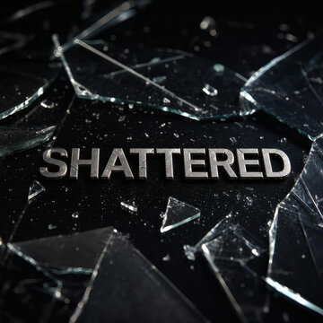 shattered glass abstract concept sharp jagged shards scattered across dark surface metallic silver shattered text high contrast macro photography minimalist background powerful visual metaphor for bre