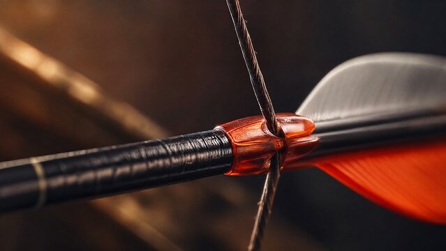 Close-up of an arrow nocked on a bowstring, dramatic side lighting.