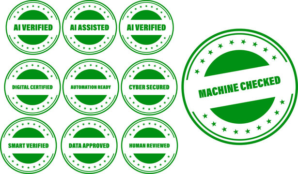 Quality Control Verification Stamps Set with Machine Checked Badges in Green Circular Design