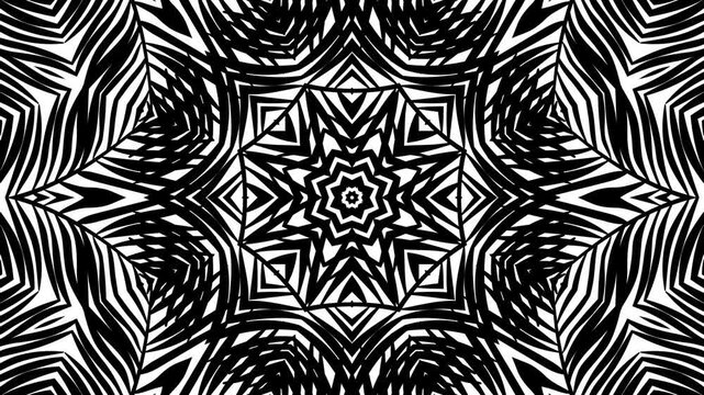 Black and white kaleidoscope abstract geometric pattern radiates outward. chevron stripes.