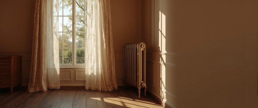 Rustic old bedroom with a large lace-curtained window and a historic 1920s radiator, designed to include copy space