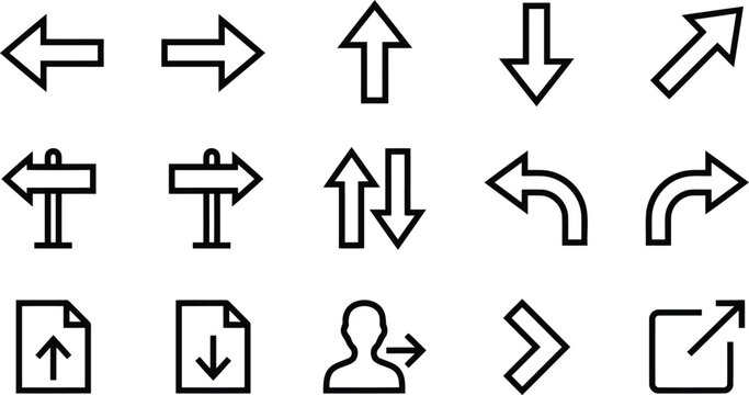Variety of directional arrow signs and user interface icons for web navigation and software