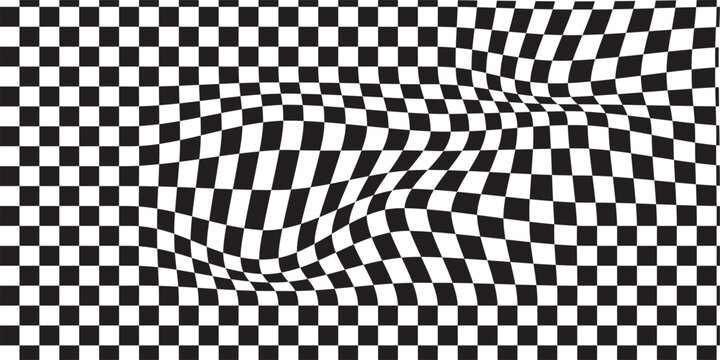 Psychedelic black grid wavy pattern. Warped chessboard background. Distorted checkerboard wallpaper. Vector illustration. Checkered pattern background, checkerboard distorted squares. Twisted checker