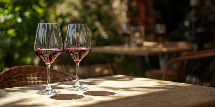 Outdoor lunch scene featuring two red wine glasses placed on a sunlit wooden table in a Mediterranean cafe
