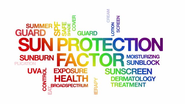 sun protection factor SPF concept Animated Tag Word Cloud kinetic typography, Text Design Animation typography seamless loop video motion graphics Intro Wordart arrangement rainbow type on white backg