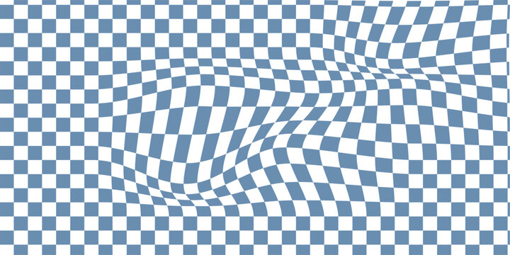 Psychedelic black grid wavy pattern. Warped chessboard background. Distorted checkerboard wallpaper. Vector illustration. Checkered pattern background, checkerboard distorted squares. Twisted checker