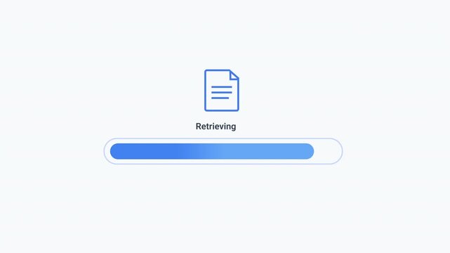 Animated retrieving data interface with document icon and rounded progress bar. Clean flat motion graphic for data retrieval, file access, database operations, information processing, and digital work