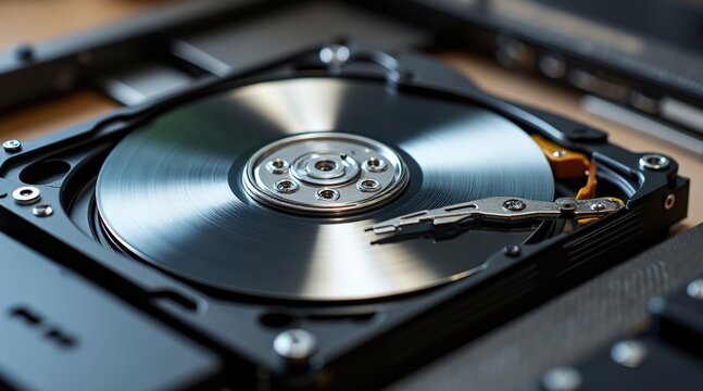 Spinning hard drive platter inside open computer case