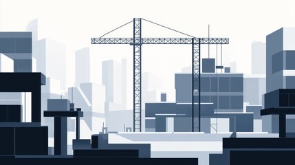 Obraz premium Geometric city skyline with construction crane silhouetted against light blue sky