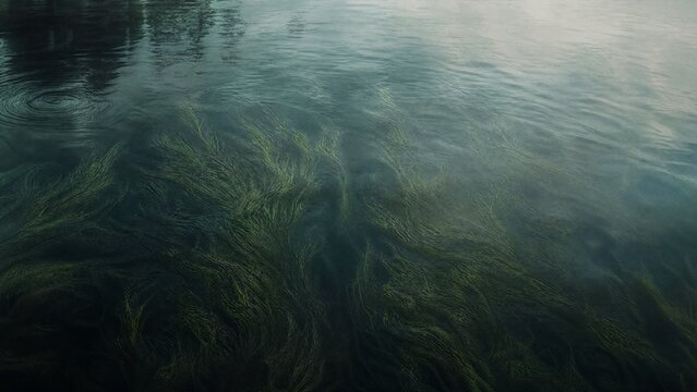 Serene lake with distorted aquatic plants pressed by unseen currents in murky depths.
