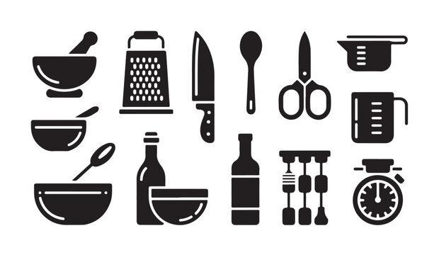 Kitchenware cooking utensils and food preparation tools as flat black vector icon set pack.