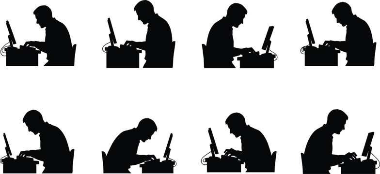 Silhouettes set of office workers typing on desktop computers with bad posture, concepts of data entry, programming, and corporate workspace routine