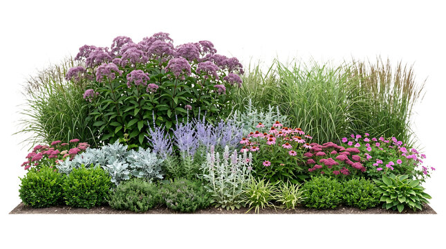 Lush garden bed featuring vibrant purple Joe Pye weed alongside ornamental grasses and colorful blooming perennial flowers arranged in a naturalistic landscape design style captured in high detail