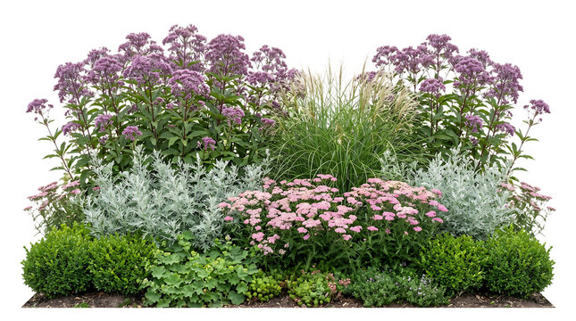 Lush garden bed featuring vibrant purple joe pye weed tall ornamental grasses soft pink yarrow silver foliage and rounded green boxwood 
