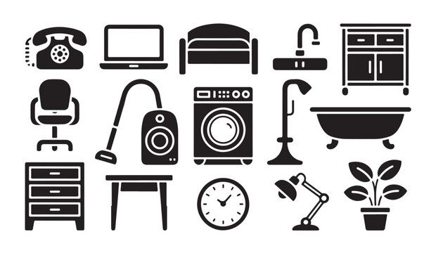 Home furniture and appliances collection with modern household interior items silhouettes.