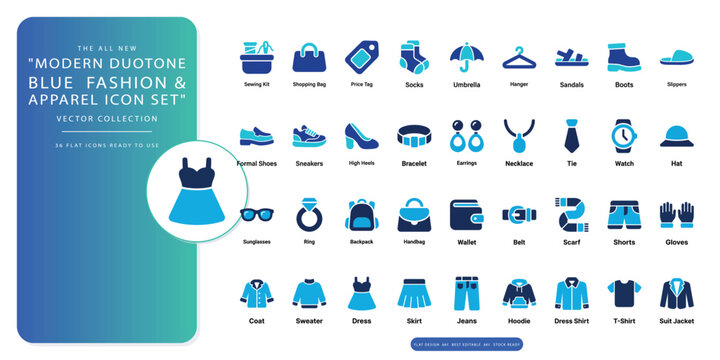 Elite premium duotone blue fashion and apparel icon compendium featuring 36 meticulously crafted vector symbols including clothing, accessories, footwear and boutique retail essentials