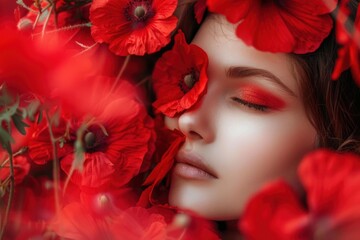 Naklejka premium Serene woman surrounded by vivid red poppy flowers