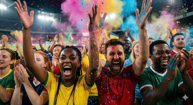 Fans celebrate with joyful screams and raised hands