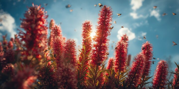 Vibrant bottlebrush blooms with pollinating insects during sunny day