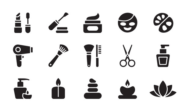 Beauty and spa products black solid vector icons set.