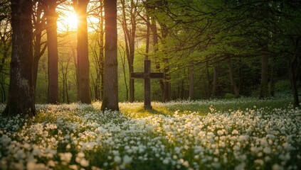 Obraz premium White spring petals illuminated by warm sunset near a cross in tranquil forest