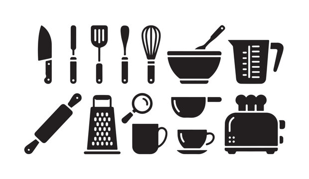 Kitchen utensils set with cooking tools including knife spatula whisk and baking supplies.
