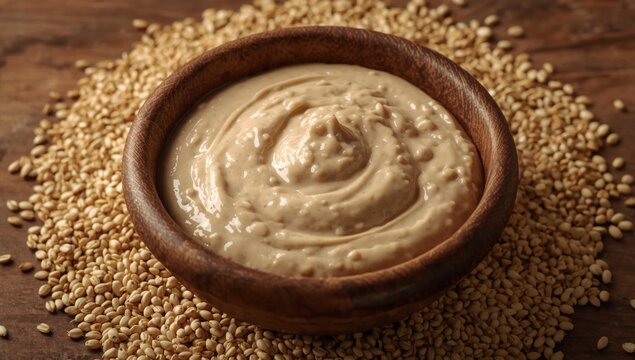 Traditional sesame seed tahini served in a bowl with a rustic seed background