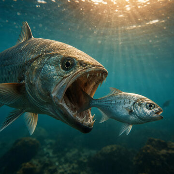 predator vs prey underwater action shot of large sharp toothed fish hunting smaller fish in sunlit ocean dramatic wildlife moment circle of life fierce marine predation stunning aquatic scene high con
