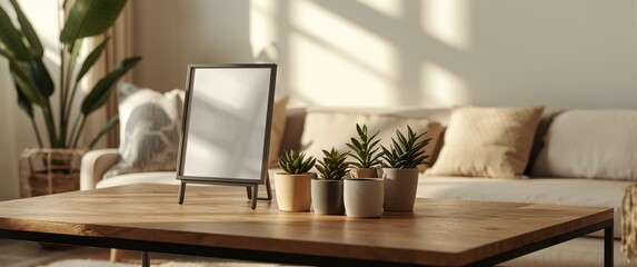 Obraz premium Modern interior accent with standing photo frame and grouped small potted plants