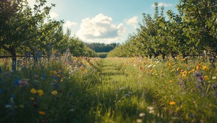 Obraz premium Summer orchard alive with colorful wildflowers radiating peaceful natural beauty