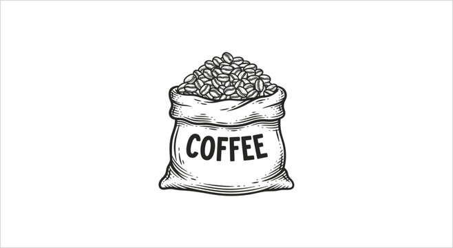 Hand drawn illustration of a burlap sack filled with coffee beans.