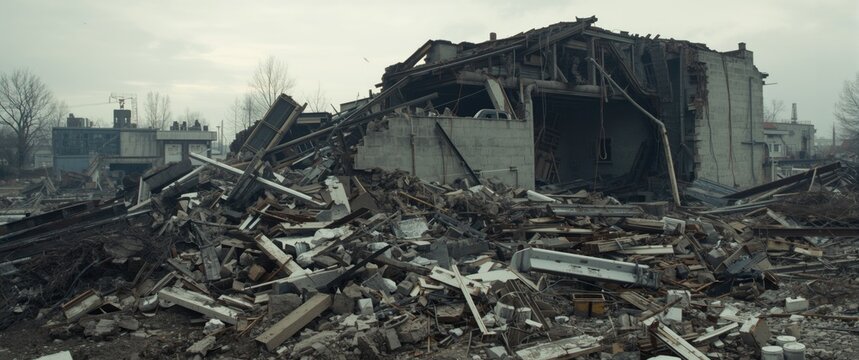 Disaster scene showing collapsed industrial concrete structure with scattered rubble