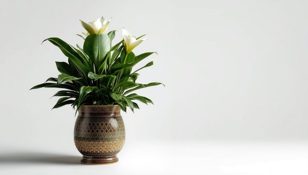 Decorative pot holding Alpinia zerumbet plant presented on a stark white background