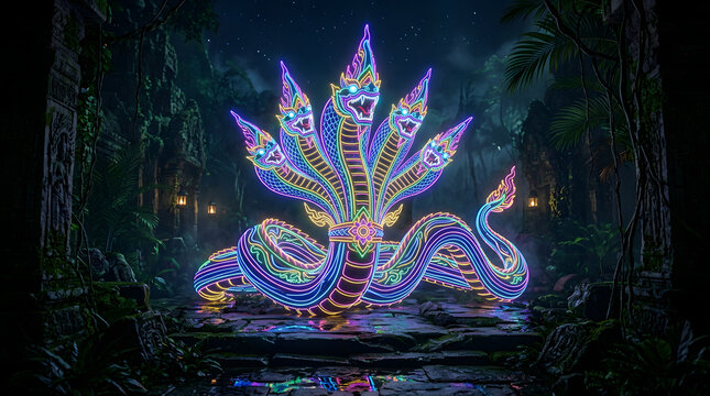 Mystical Naga Serpent Sculpture Illuminated: A vibrant, multi-headed Naga serpent sculpture, adorned with colorful lights, stands majestically amidst ancient ruins, evoking a sense of myth and wonder.