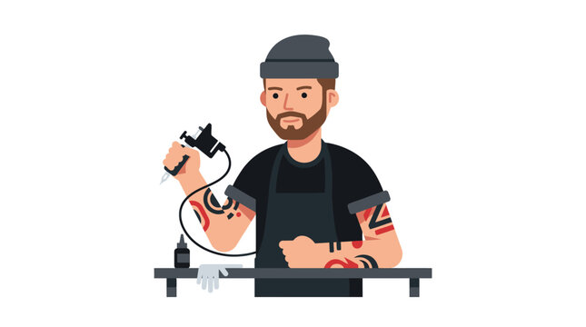 Tattoo Artist Working with Machine and Ink, Modern Flat Illustration