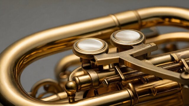 Brass instrument keys and tubing in geometric detail, studio lighting.