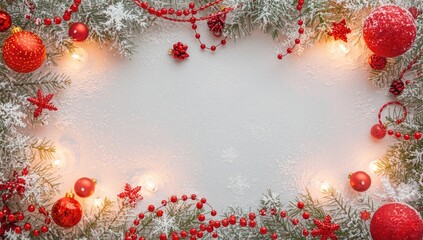 Obraz premium Holiday season backdrop with red Christmas decorations glowing candles and snow dusted fir branches including copy space
