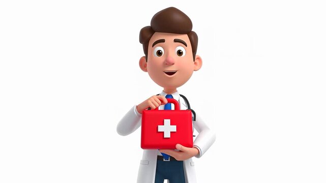 3D design of cartoon cheerful male doctor with first aid bag isolated on white background, animation