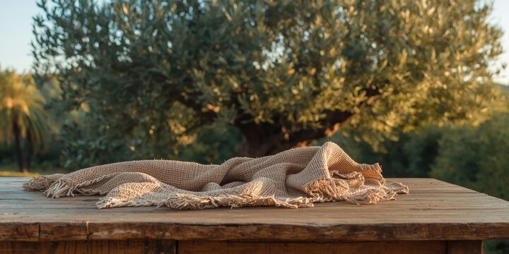 Organic cloth on rustic wooden table complemented by olive tree in tropical summer setting