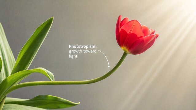 A red tulip demonstrating growth toward light, captured in a botanical close-up with directional lighting.