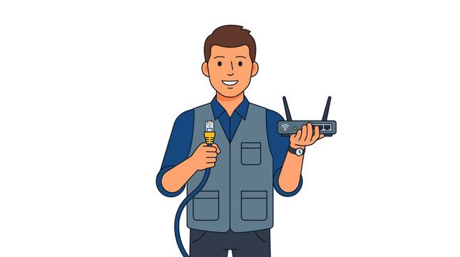 Technician Holding Ethernet Cable and Router, Network Installation Service
