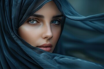 Naklejka premium Portrait of a beautiful middle eastern woman with striking blue eyes, wearing a teal veil that adds an element of mystery and elegance