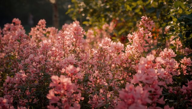 Natural garden with profuse pink blooms creating scenic floral display