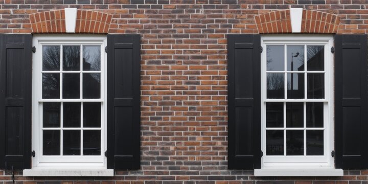 White framed sash windows with muntins and arched black shutters on brick surface
