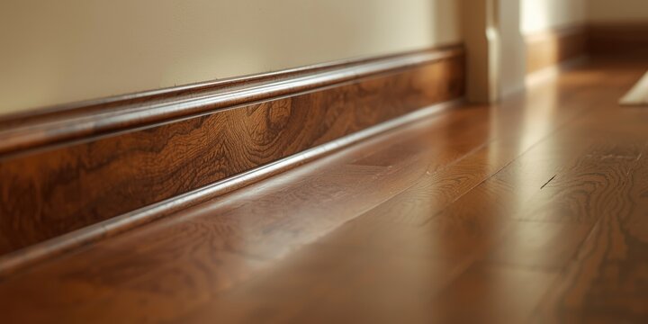 shiny wooden floor featuring a handcrafted baseboard by the wall