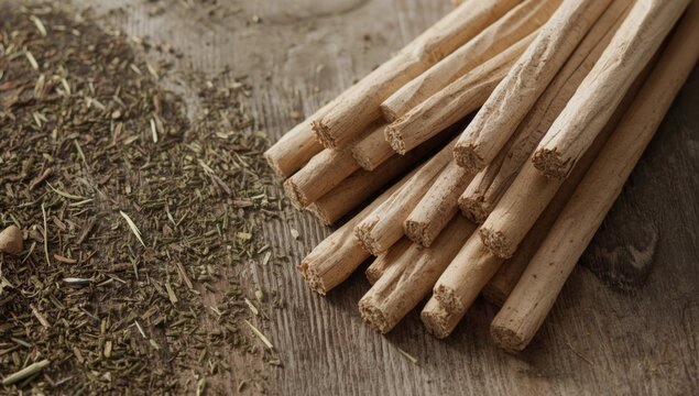 Renewable wooden firelighters alongside rolled firestarter sticks on a natural texture background