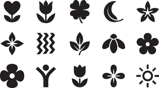 Minimalist black nature icons set including flowers leaves clover sun heart and moon shapes flat vector illustrations isolated on white background