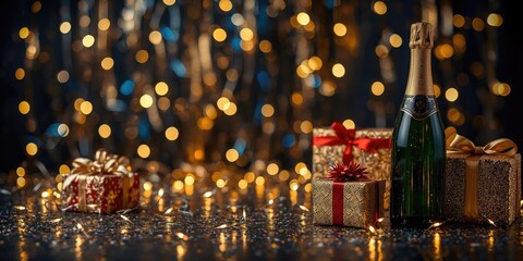 Obraz premium delightful new year celebration background showing bright lights presents and champagne bottle